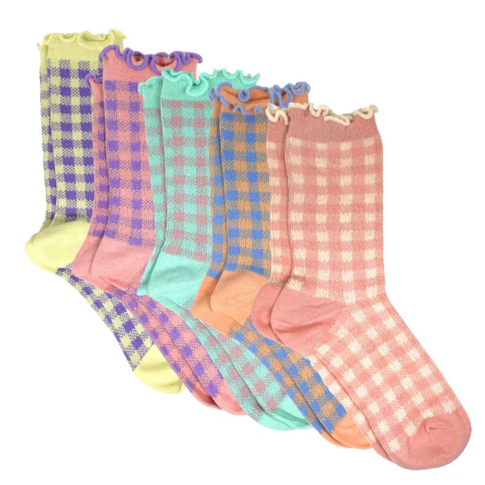 NWT Sweet Cheek Teal Checkered Ruffle Crew Socks - Picture 4 of 5